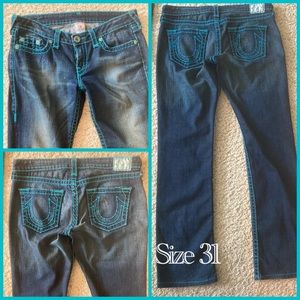 Blue denim True Religion Jeans with turquoise stitching